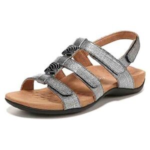 Vionic Amber Rest Backstrap Adjustable Sandal Silver Black Metallic Linen Size 9